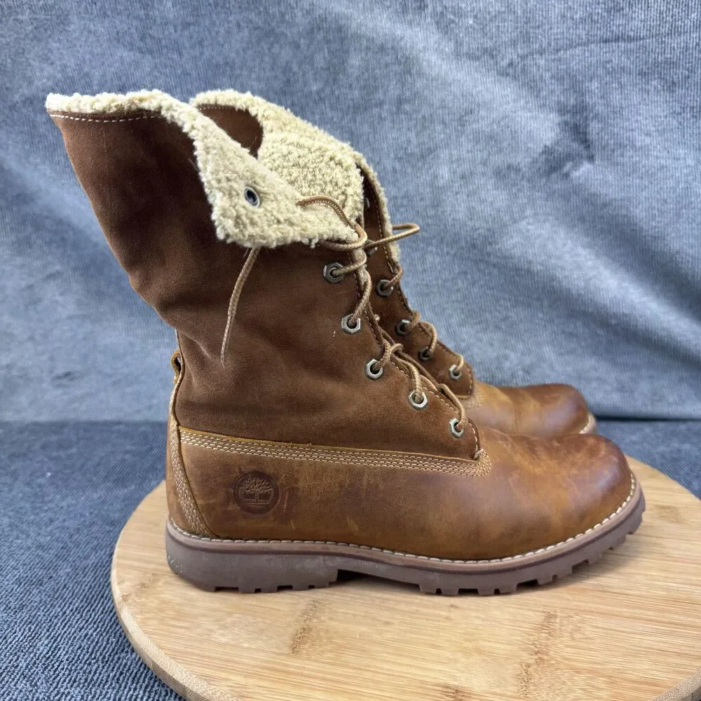 Timberland Boots Girls Size 4.5 Brown Leather Suede Shearling Lined Lace Up